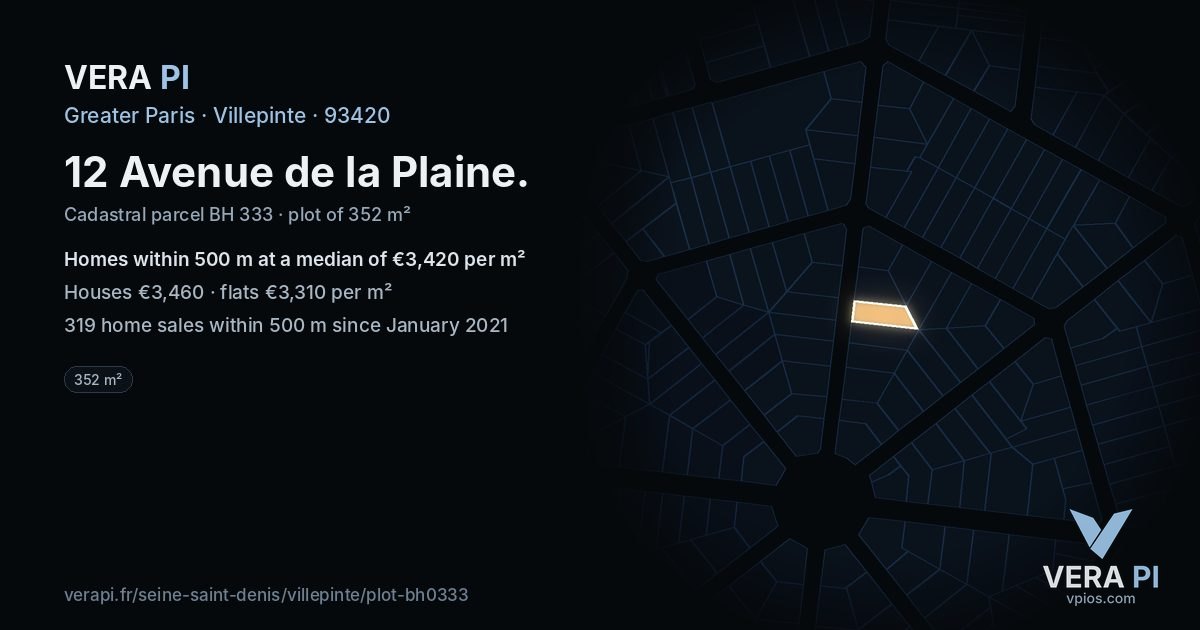 12 Avenue de la Plaine, Villepinte at night – the plot lit, the parcels around coloured by the prices near them