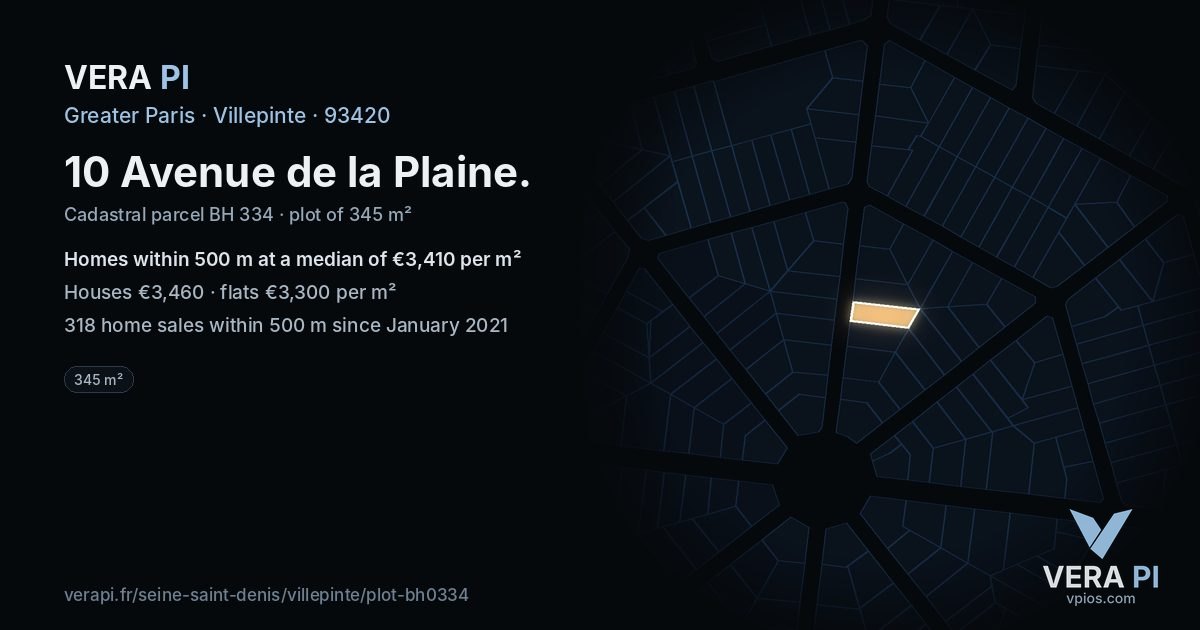 10 Avenue de la Plaine, Villepinte at night – the plot lit, the parcels around coloured by the prices near them