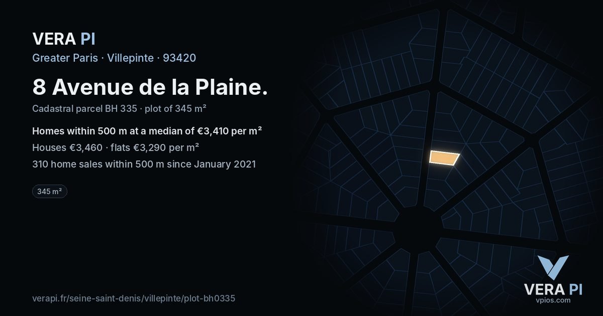 8 Avenue de la Plaine, Villepinte at night – the plot lit, the parcels around coloured by the prices near them