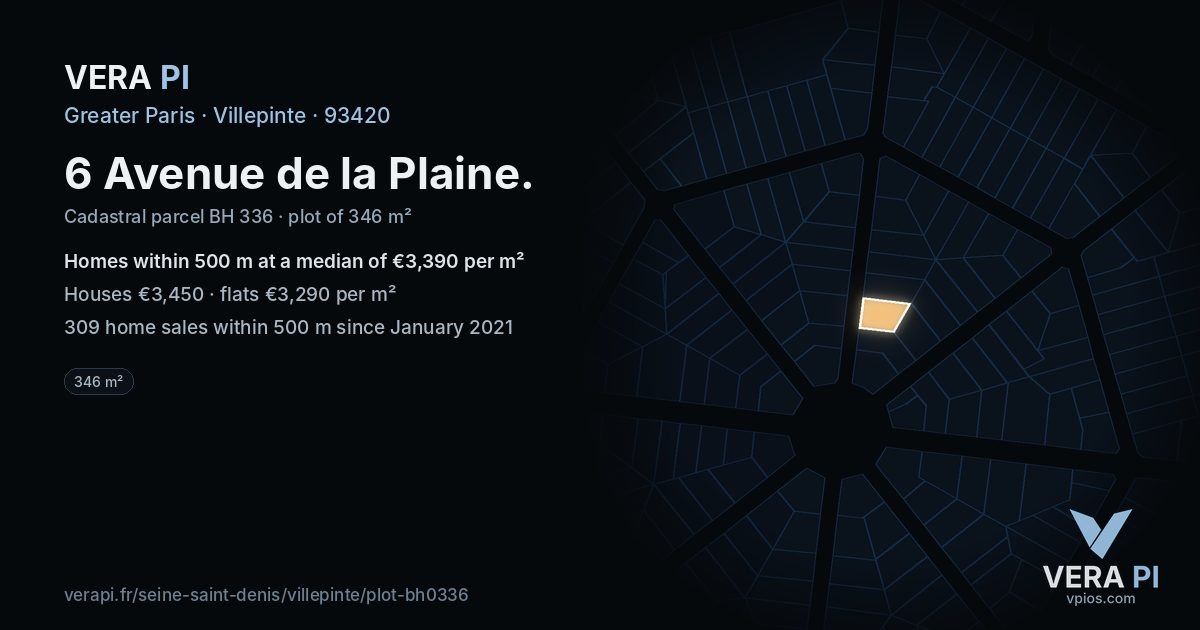 6 Avenue de la Plaine, Villepinte at night – the plot lit, the parcels around coloured by the prices near them