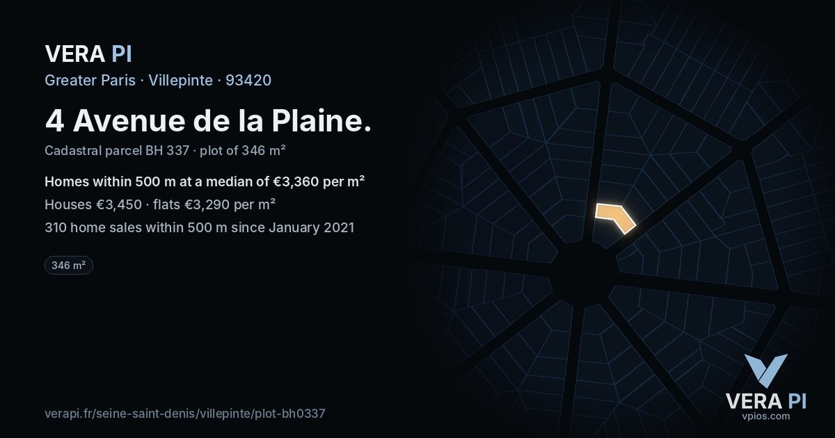4 Avenue de la Plaine, Villepinte at night – the plot lit, the parcels around coloured by the prices near them
