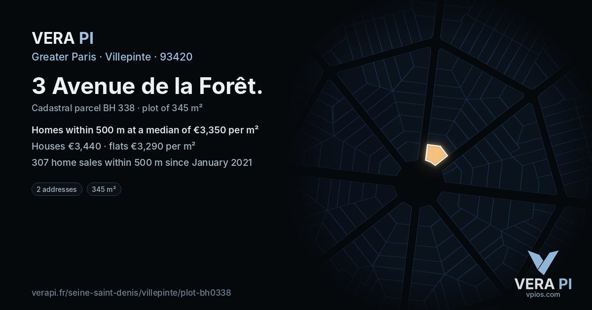 3 Avenue de la Forêt, Villepinte at night – the plot lit, the parcels around coloured by the prices near them