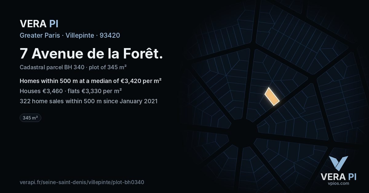 7 Avenue de la Forêt, Villepinte at night – the plot lit, the parcels around coloured by the prices near them