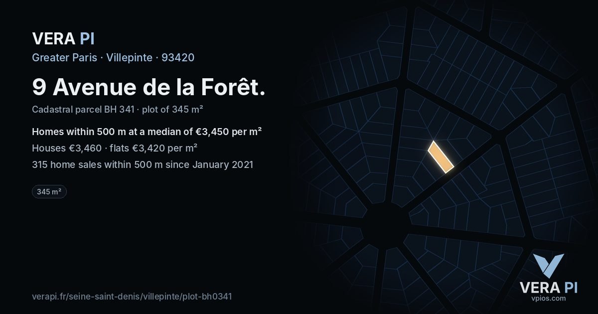 9 Avenue de la Forêt, Villepinte at night – the plot lit, the parcels around coloured by the prices near them