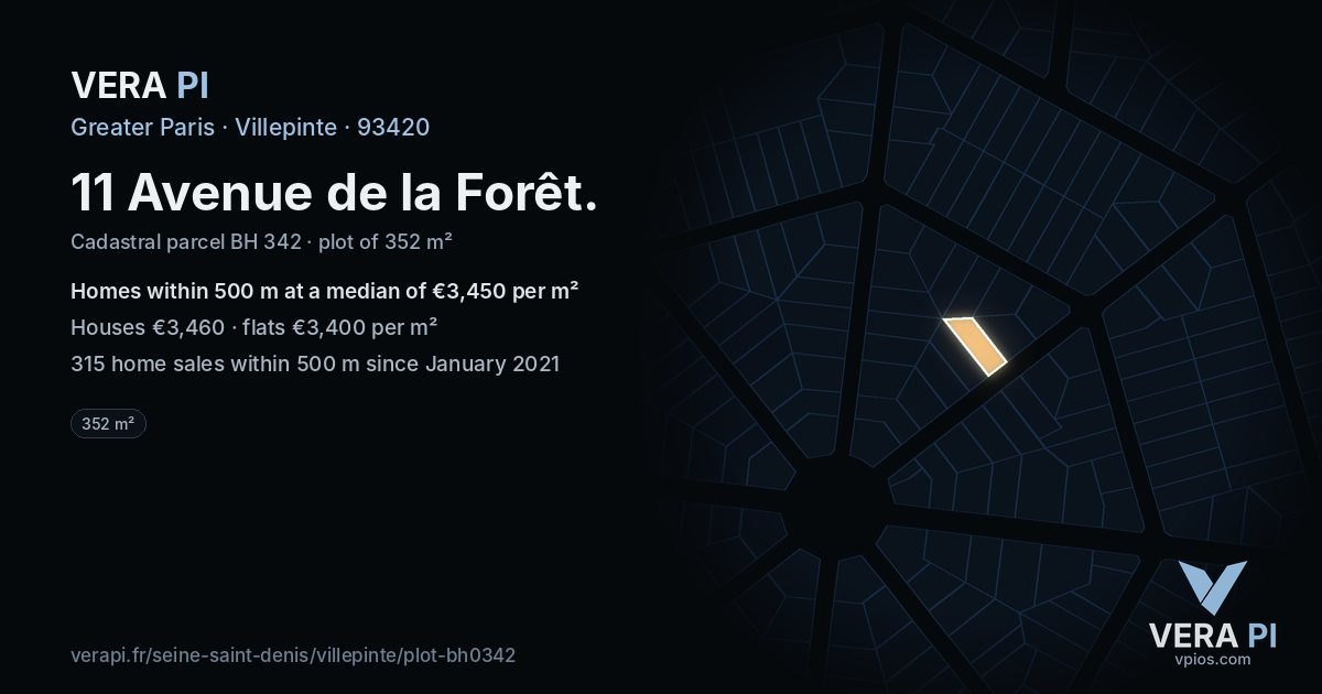 11 Avenue de la Forêt, Villepinte at night – the plot lit, the parcels around coloured by the prices near them
