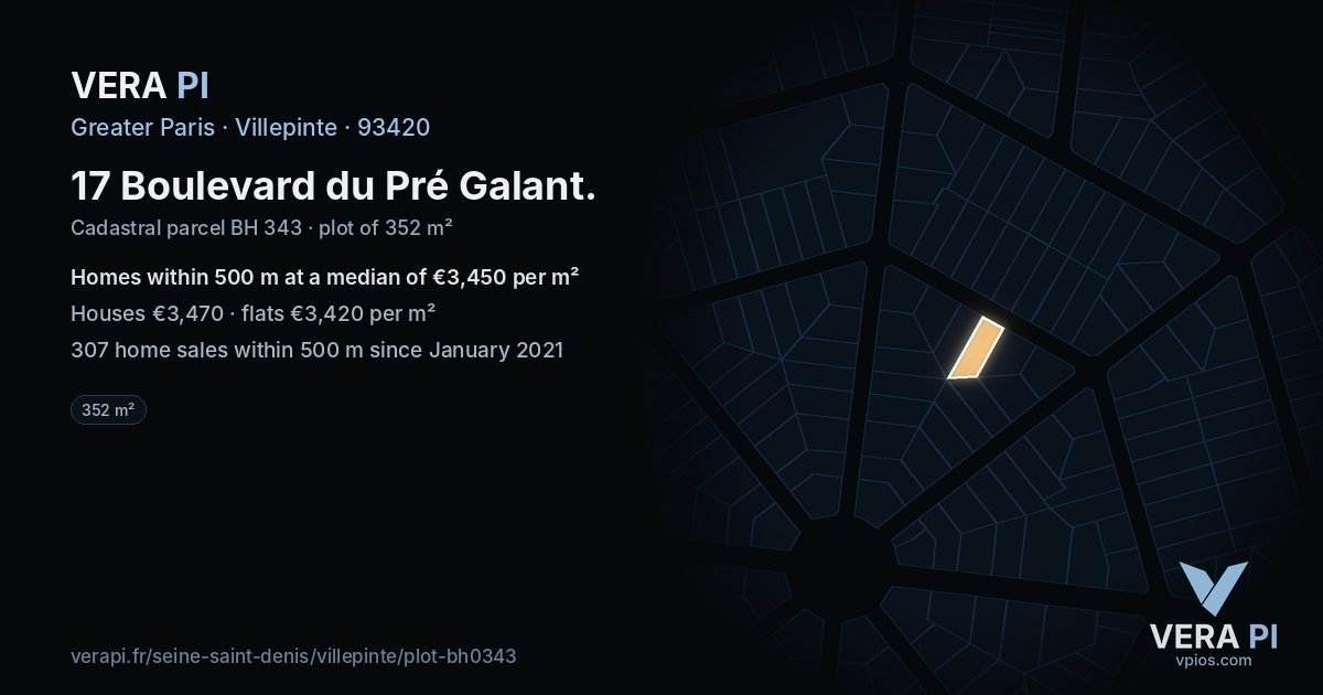 17 Boulevard du Pré Galant, Villepinte at night – the plot lit, the parcels around coloured by the prices near them