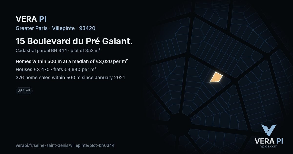 15 Boulevard du Pré Galant, Villepinte at night – the plot lit, the parcels around coloured by the prices near them