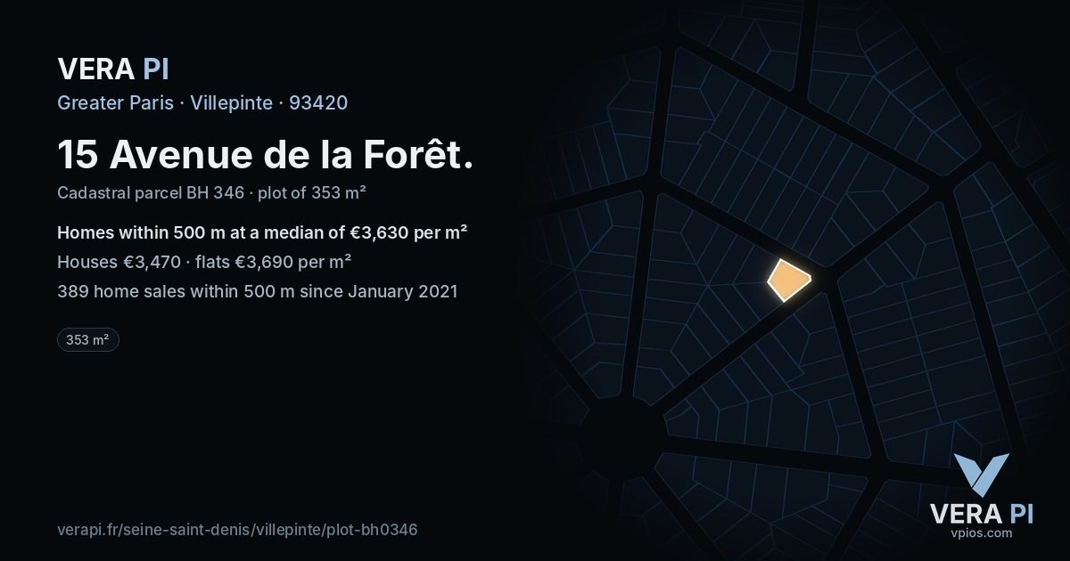 15 Avenue de la Forêt, Villepinte at night – the plot lit, the parcels around coloured by the prices near them