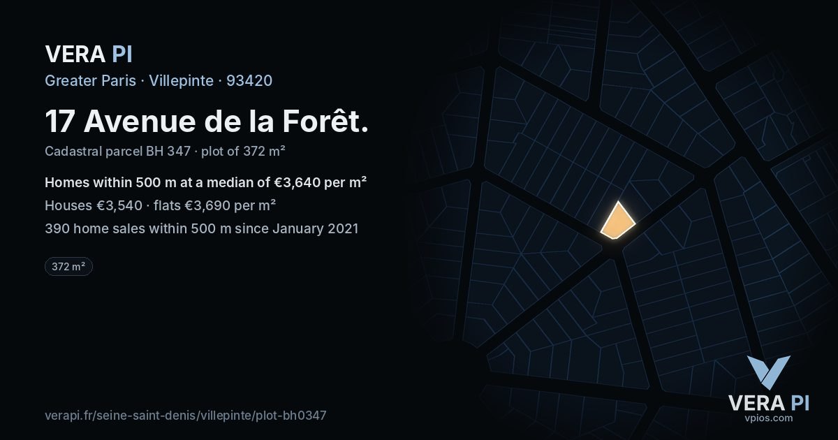 17 Avenue de la Forêt, Villepinte at night – the plot lit, the parcels around coloured by the prices near them