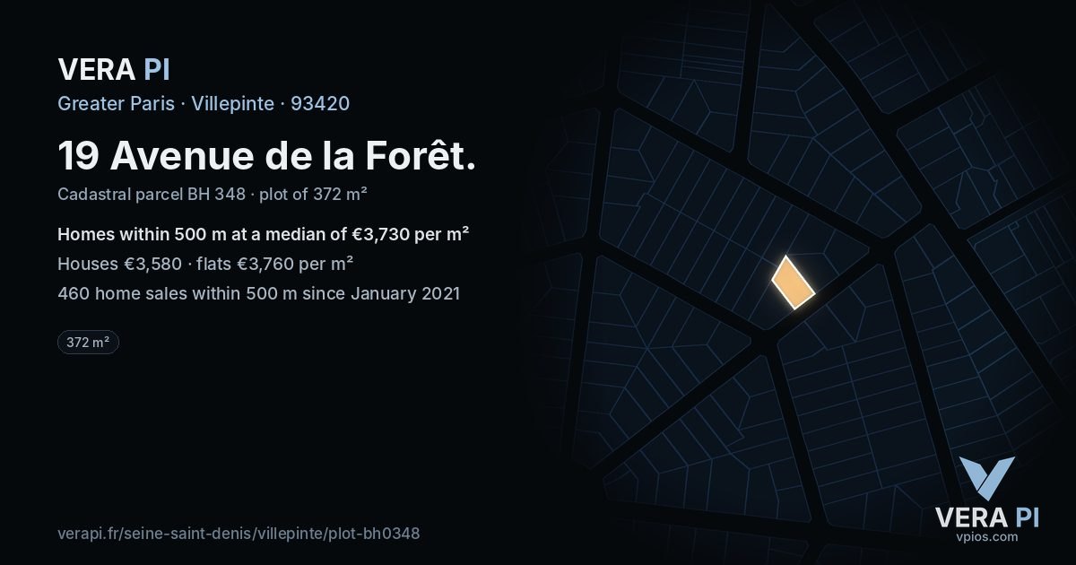 19 Avenue de la Forêt, Villepinte at night – the plot lit, the parcels around coloured by the prices near them
