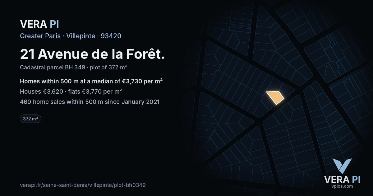 21 Avenue de la Forêt, Villepinte at night – the plot lit, the parcels around coloured by the prices near them