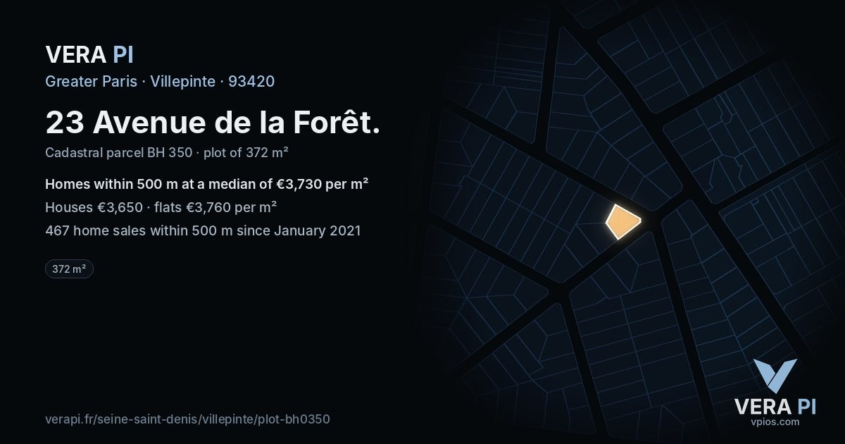 23 Avenue de la Forêt, Villepinte at night – the plot lit, the parcels around coloured by the prices near them