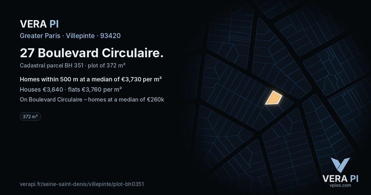 27 Boulevard Circulaire, Villepinte at night – the plot lit, the parcels around coloured by the prices near them