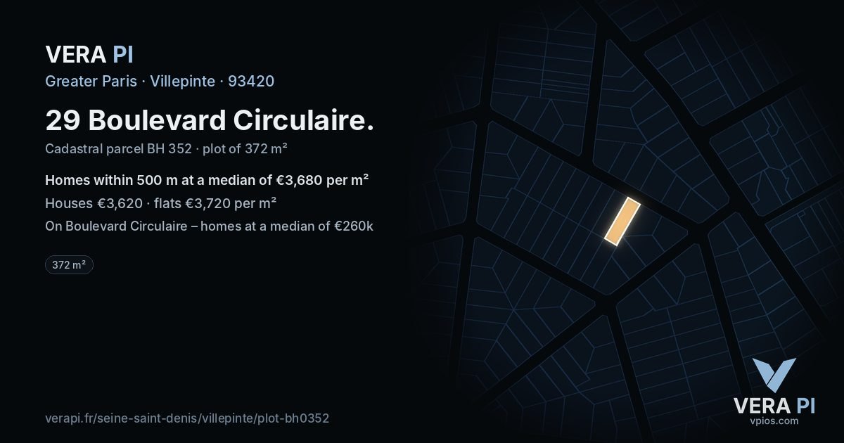 29 Boulevard Circulaire, Villepinte at night – the plot lit, the parcels around coloured by the prices near them