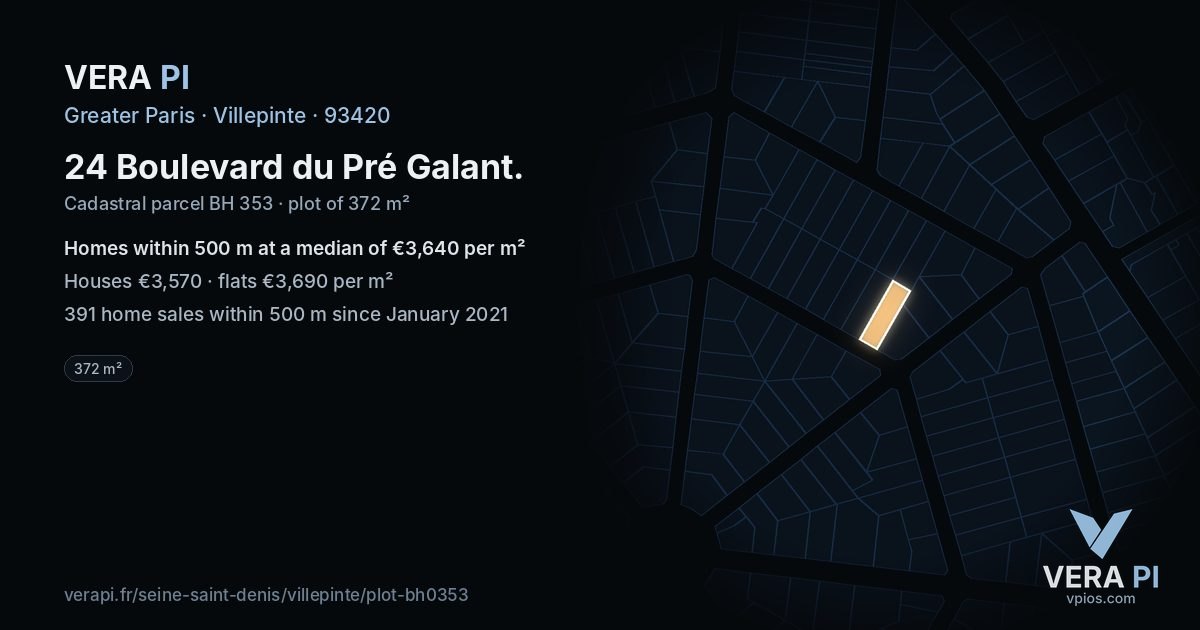 24 Boulevard du Pré Galant, Villepinte at night – the plot lit, the parcels around coloured by the prices near them