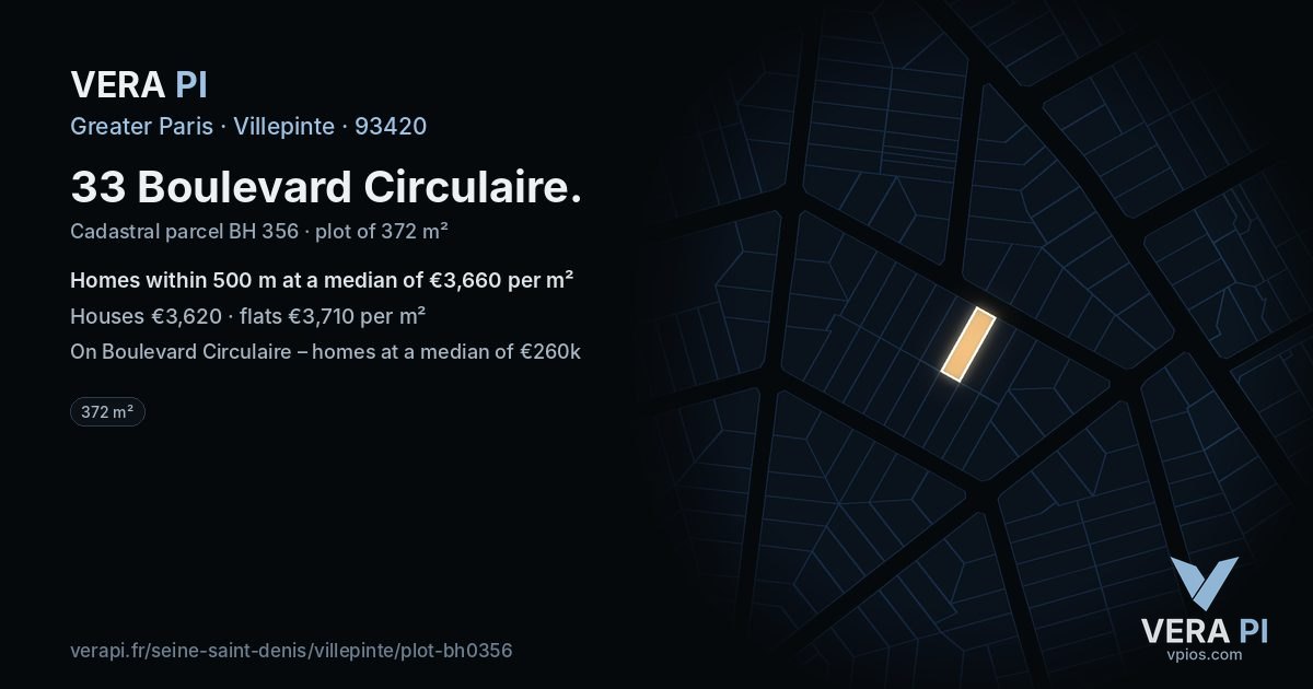 33 Boulevard Circulaire, Villepinte at night – the plot lit, the parcels around coloured by the prices near them