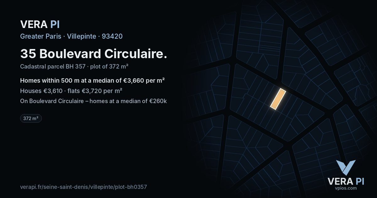 35 Boulevard Circulaire, Villepinte at night – the plot lit, the parcels around coloured by the prices near them