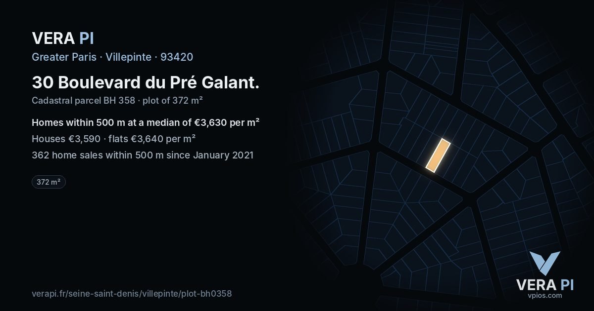 30 Boulevard du Pré Galant, Villepinte at night – the plot lit, the parcels around coloured by the prices near them