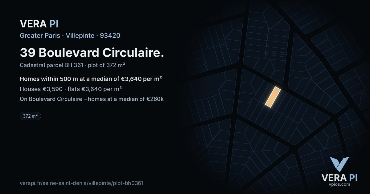 39 Boulevard Circulaire, Villepinte at night – the plot lit, the parcels around coloured by the prices near them
