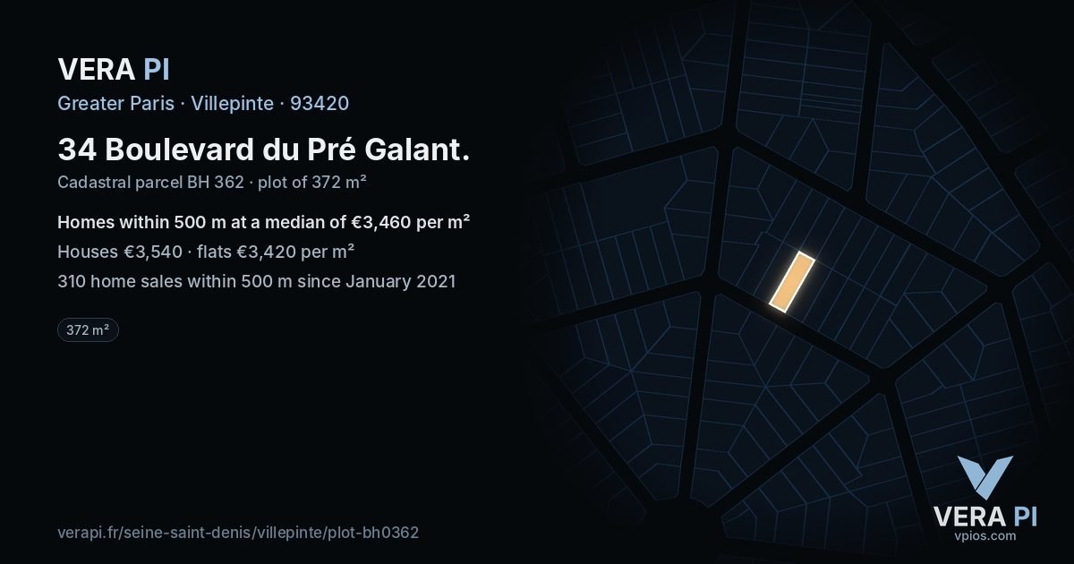 34 Boulevard du Pré Galant, Villepinte at night – the plot lit, the parcels around coloured by the prices near them