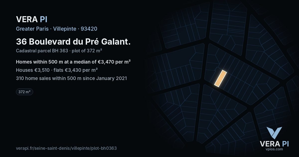 36 Boulevard du Pré Galant, Villepinte at night – the plot lit, the parcels around coloured by the prices near them