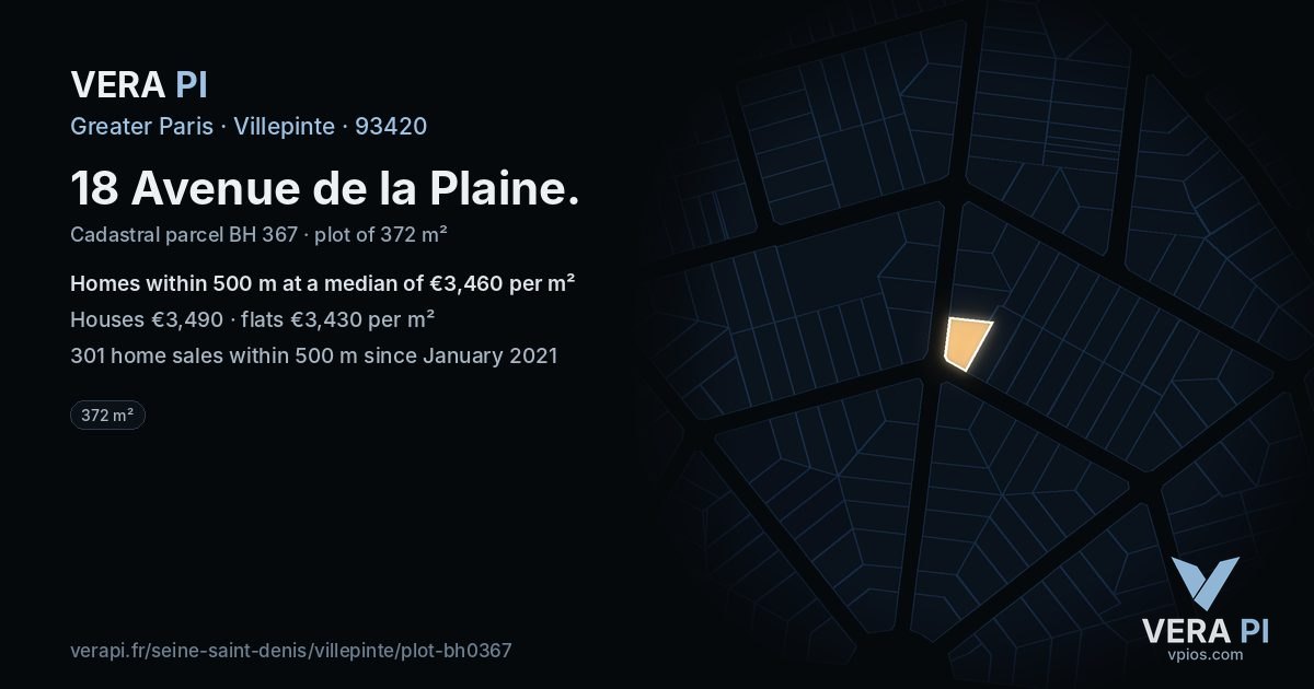 18 Avenue de la Plaine, Villepinte at night – the plot lit, the parcels around coloured by the prices near them