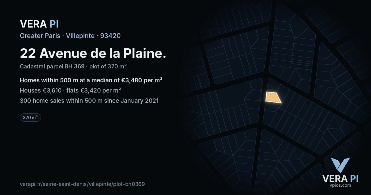 22 Avenue de la Plaine, Villepinte at night – the plot lit, the parcels around coloured by the prices near them