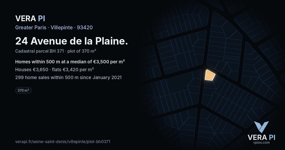 24 Avenue de la Plaine, Villepinte at night – the plot lit, the parcels around coloured by the prices near them