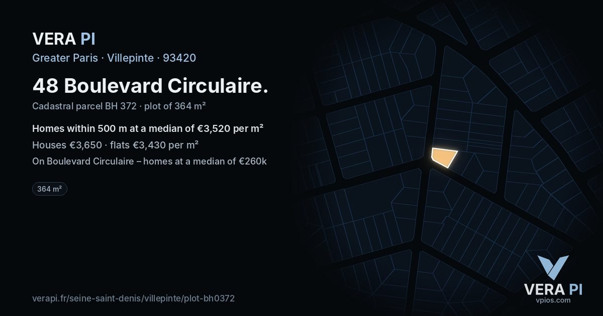48 Boulevard Circulaire, Villepinte at night – the plot lit, the parcels around coloured by the prices near them