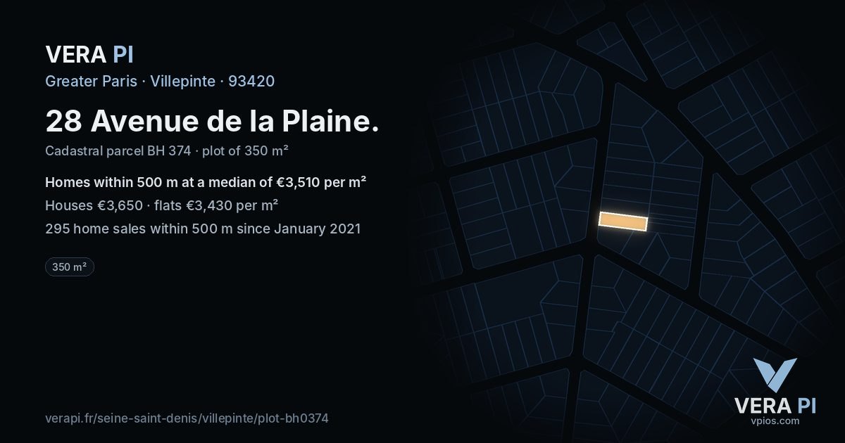 28 Avenue de la Plaine, Villepinte at night – the plot lit, the parcels around coloured by the prices near them