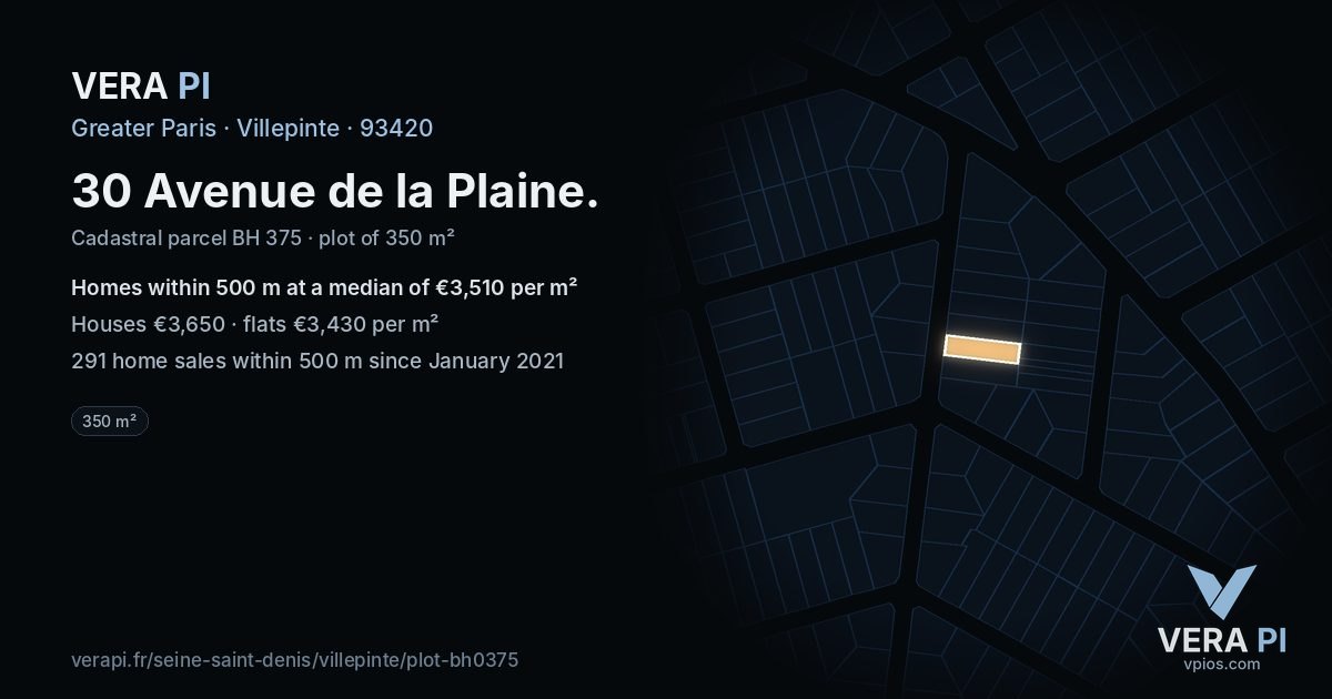 30 Avenue de la Plaine, Villepinte at night – the plot lit, the parcels around coloured by the prices near them