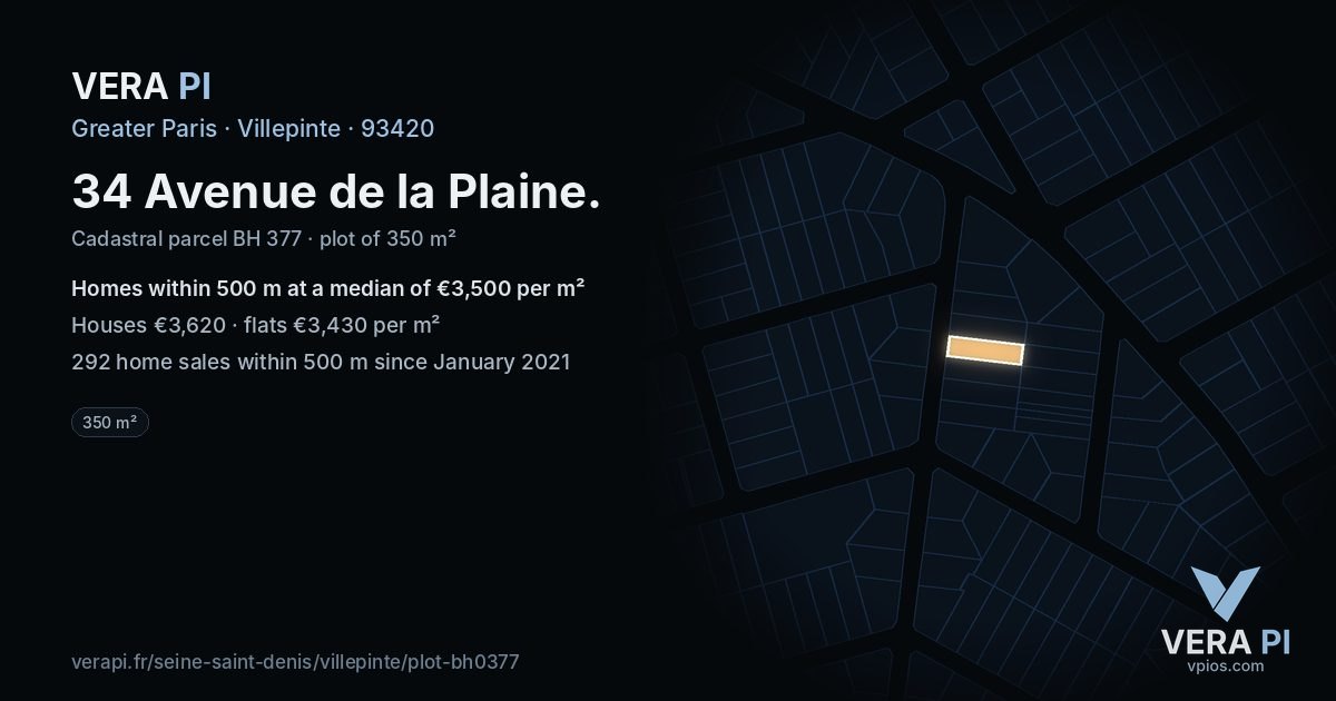 34 Avenue de la Plaine, Villepinte at night – the plot lit, the parcels around coloured by the prices near them