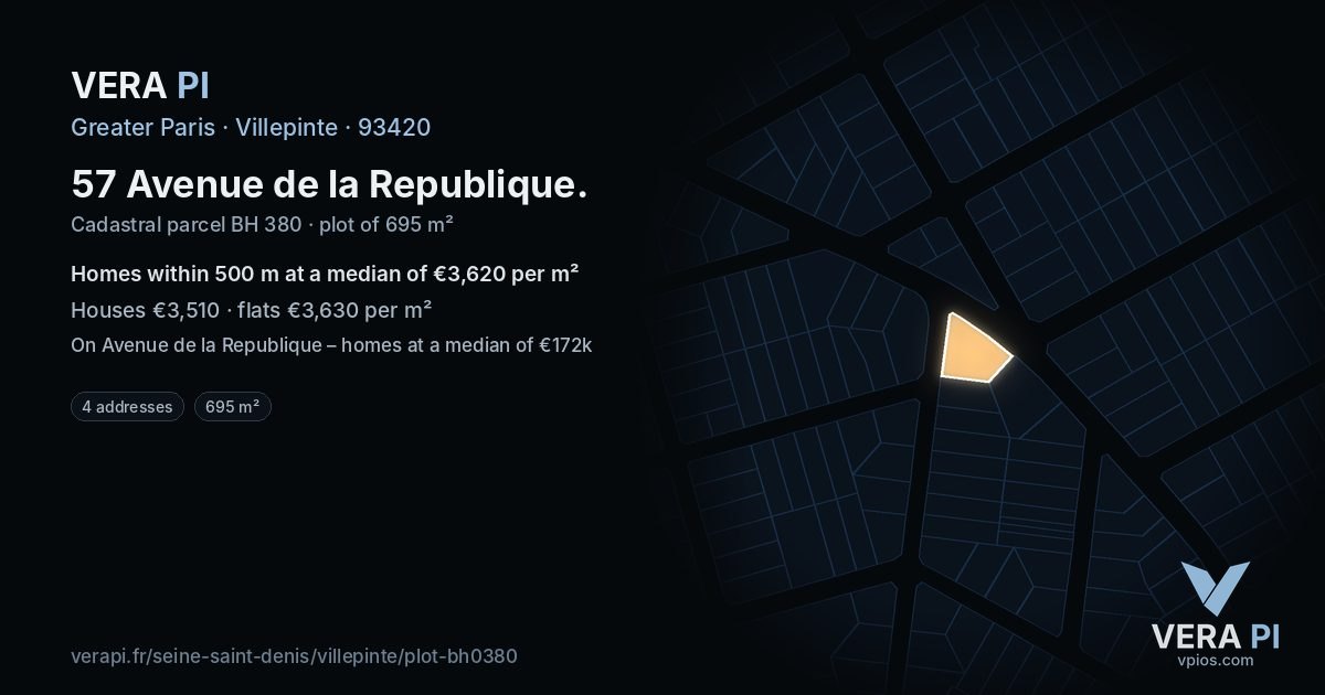 57 Avenue de la Republique, Villepinte at night – the plot lit, the parcels around coloured by the prices near them