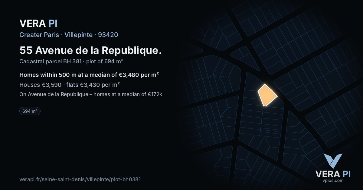 55 Avenue de la Republique, Villepinte at night – the plot lit, the parcels around coloured by the prices near them
