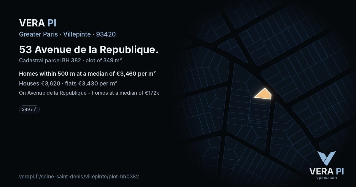 53 Avenue de la Republique, Villepinte at night – the plot lit, the parcels around coloured by the prices near them