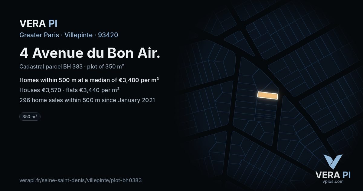 4 Avenue du Bon Air, Villepinte at night – the plot lit, the parcels around coloured by the prices near them