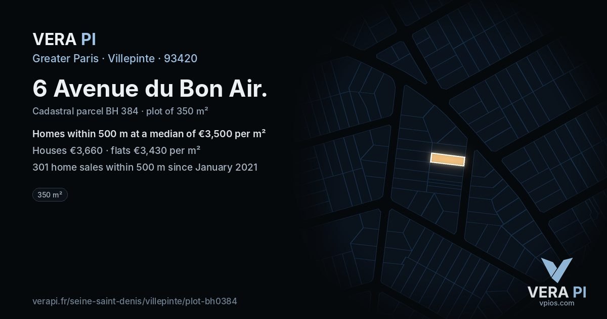6 Avenue du Bon Air, Villepinte at night – the plot lit, the parcels around coloured by the prices near them