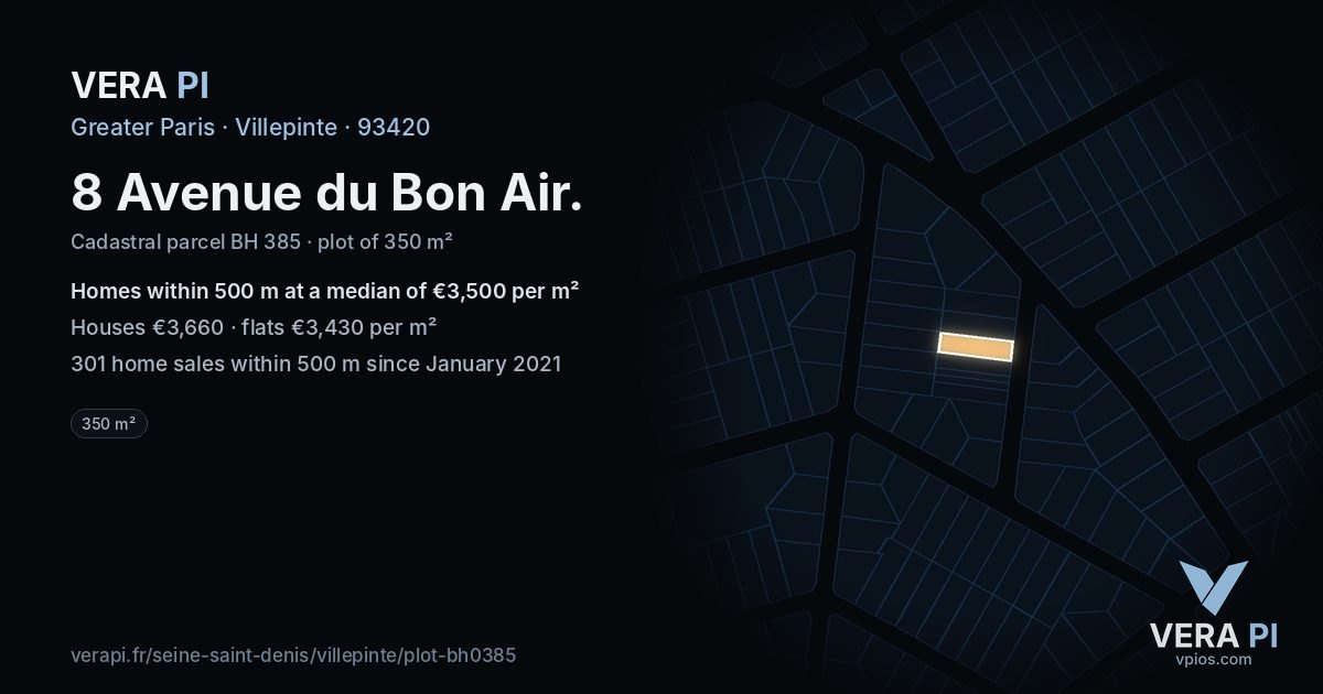 8 Avenue du Bon Air, Villepinte at night – the plot lit, the parcels around coloured by the prices near them