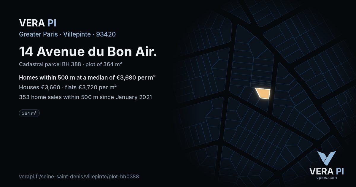 14 Avenue du Bon Air, Villepinte at night – the plot lit, the parcels around coloured by the prices near them
