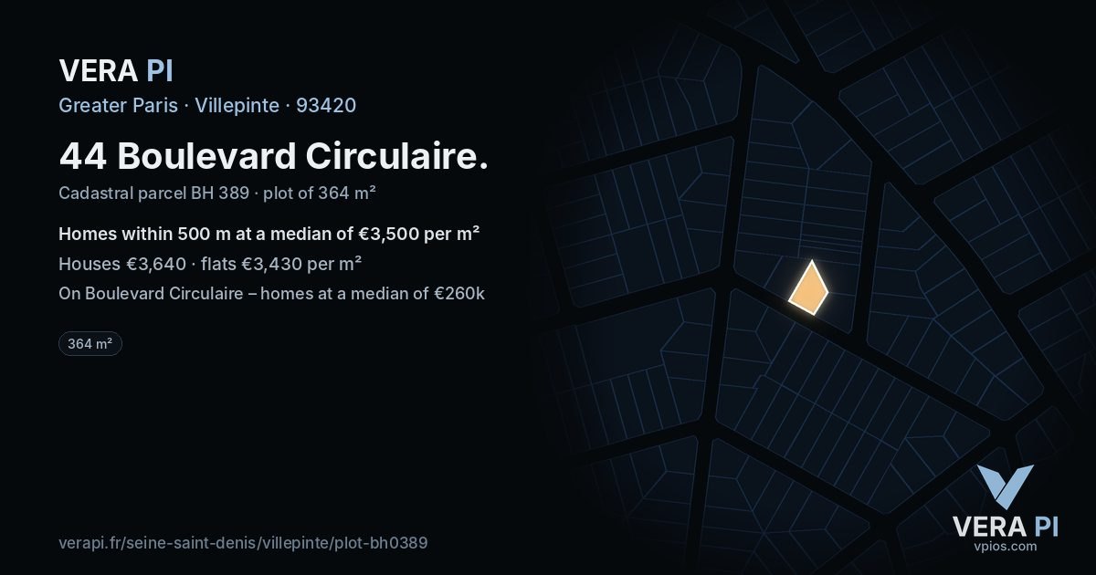 44 Boulevard Circulaire, Villepinte at night – the plot lit, the parcels around coloured by the prices near them