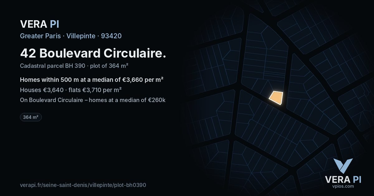42 Boulevard Circulaire, Villepinte at night – the plot lit, the parcels around coloured by the prices near them