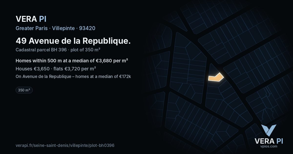 49 Avenue de la Republique, Villepinte at night – the plot lit, the parcels around coloured by the prices near them