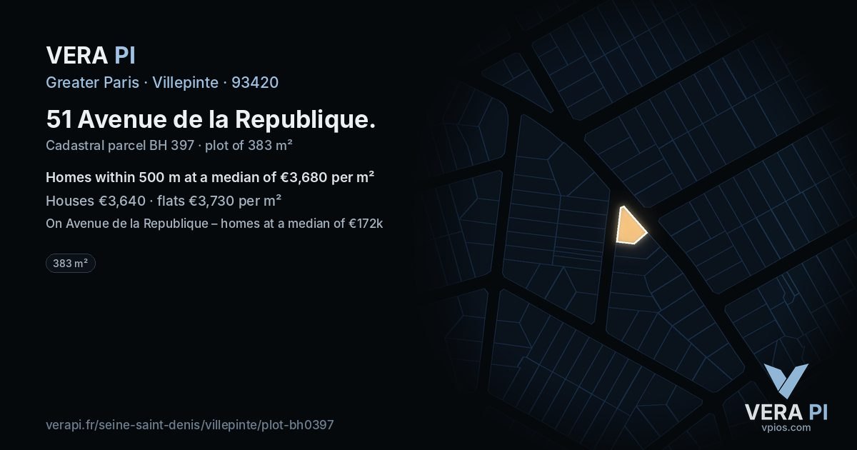 51 Avenue de la Republique, Villepinte at night – the plot lit, the parcels around coloured by the prices near them