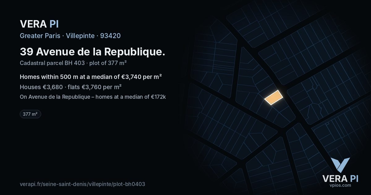 39 Avenue de la Republique, Villepinte at night – the plot lit, the parcels around coloured by the prices near them