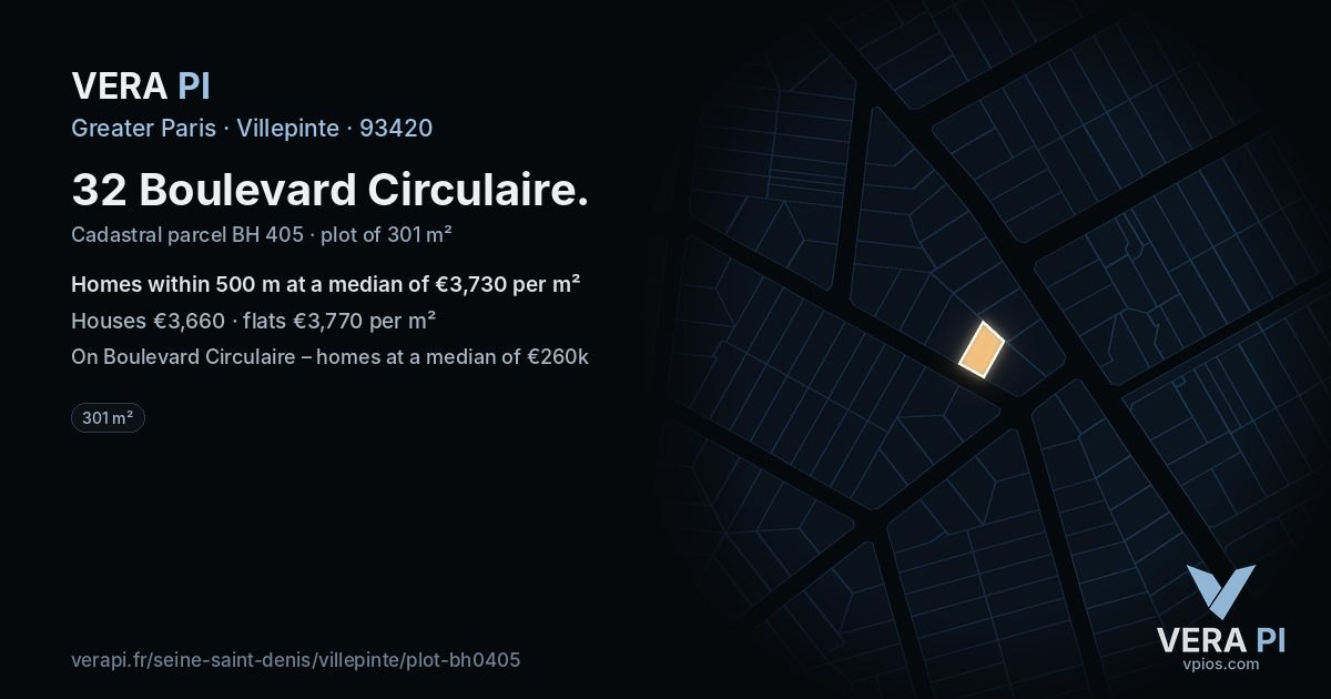 32 Boulevard Circulaire, Villepinte at night – the plot lit, the parcels around coloured by the prices near them