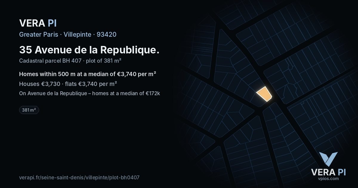 35 Avenue de la Republique, Villepinte at night – the plot lit, the parcels around coloured by the prices near them
