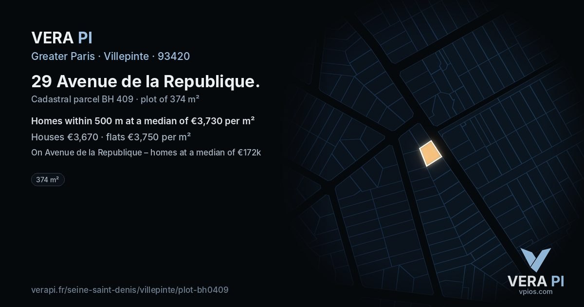 29 Avenue de la Republique, Villepinte at night – the plot lit, the parcels around coloured by the prices near them