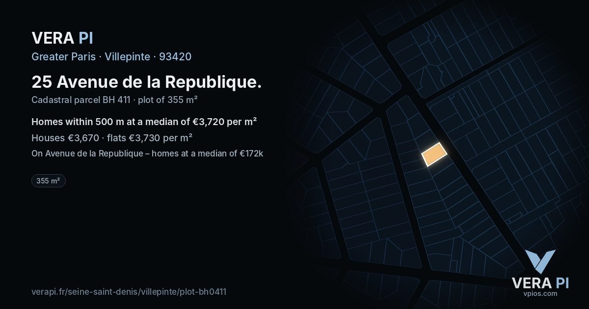 25 Avenue de la Republique, Villepinte at night – the plot lit, the parcels around coloured by the prices near them