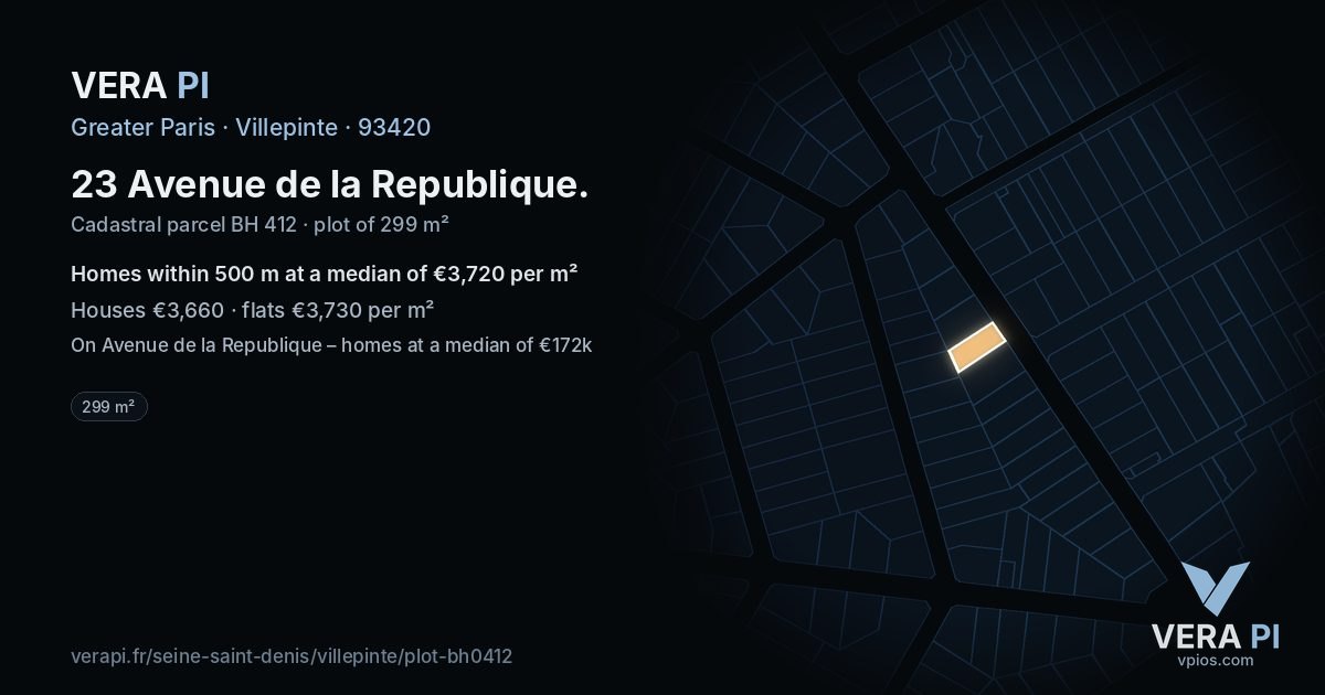 23 Avenue de la Republique, Villepinte at night – the plot lit, the parcels around coloured by the prices near them