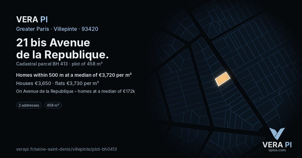 21 bis Avenue de la Republique, Villepinte at night – the plot lit, the parcels around coloured by the prices near them